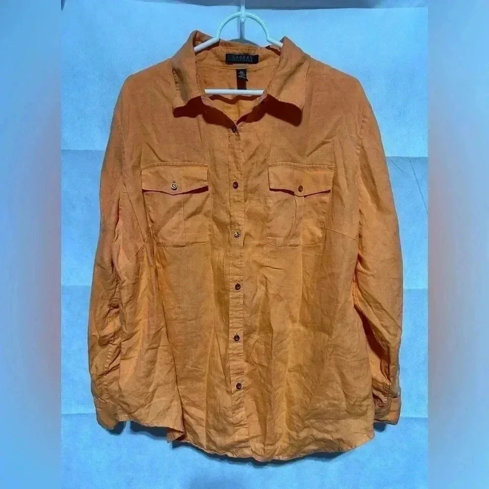 VTG Women’s 2X Ralph Lauren Button Down Roll Tab Sleeve 100% Linen Shirt Orange